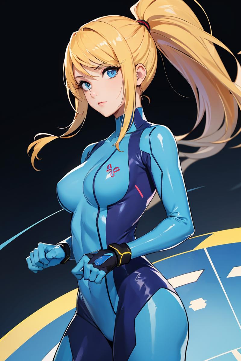 379112-885062165-absurdres, best quality, 1girl, solo, eye focus, looking at viewer, samus aran, ponytail, hair tie, blue gloves, blue bodysuit ,.png